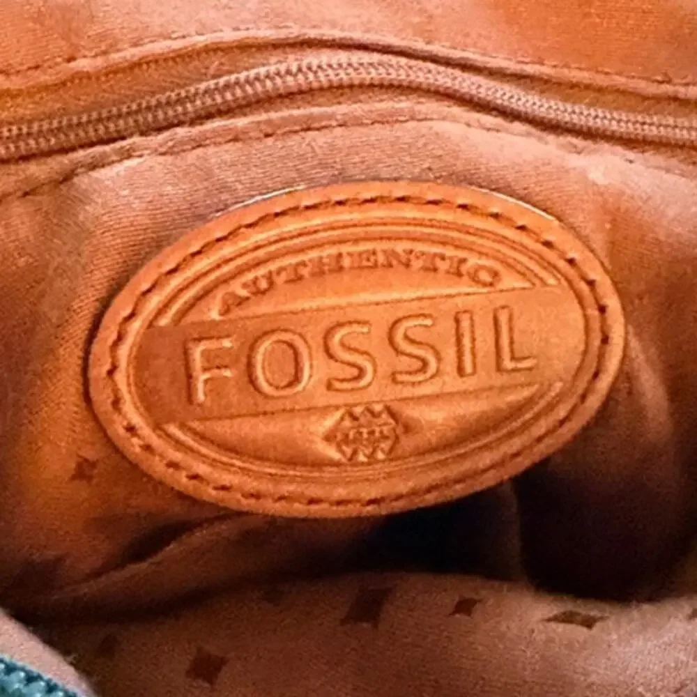 Fossil Leather Crossbody Tote Blue Brown Colorblock Convertible Bag 14